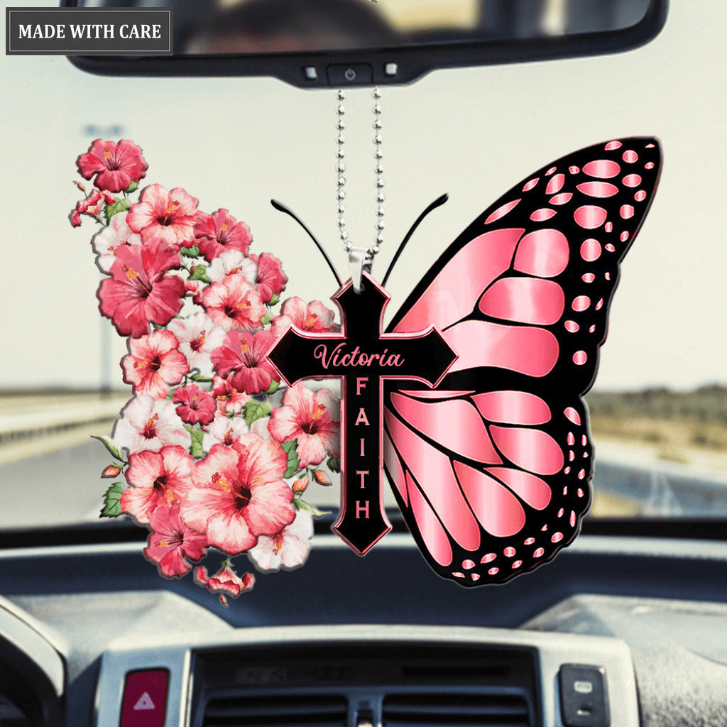 Personalized Hibiscus Flower Butterfly Cross Faith Ornament