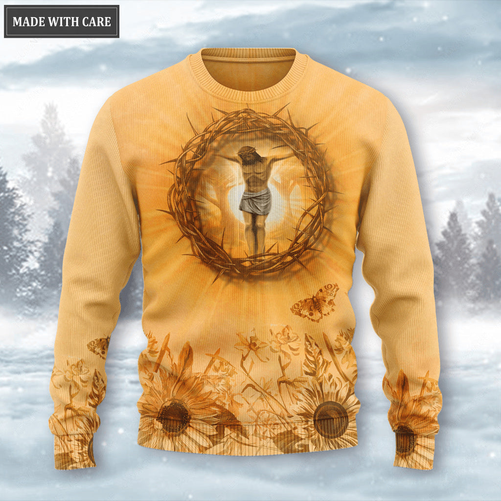 Sunflower Butterfly Jesus Cross Crown Of Thorns Faith Wool Sweatshirt