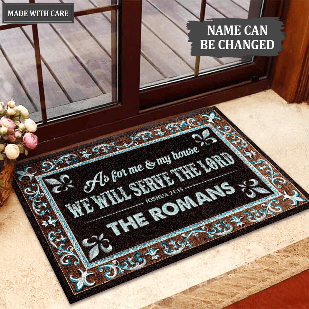 Border Area In Blue And Brown Serve The Lord Personalized Doormat