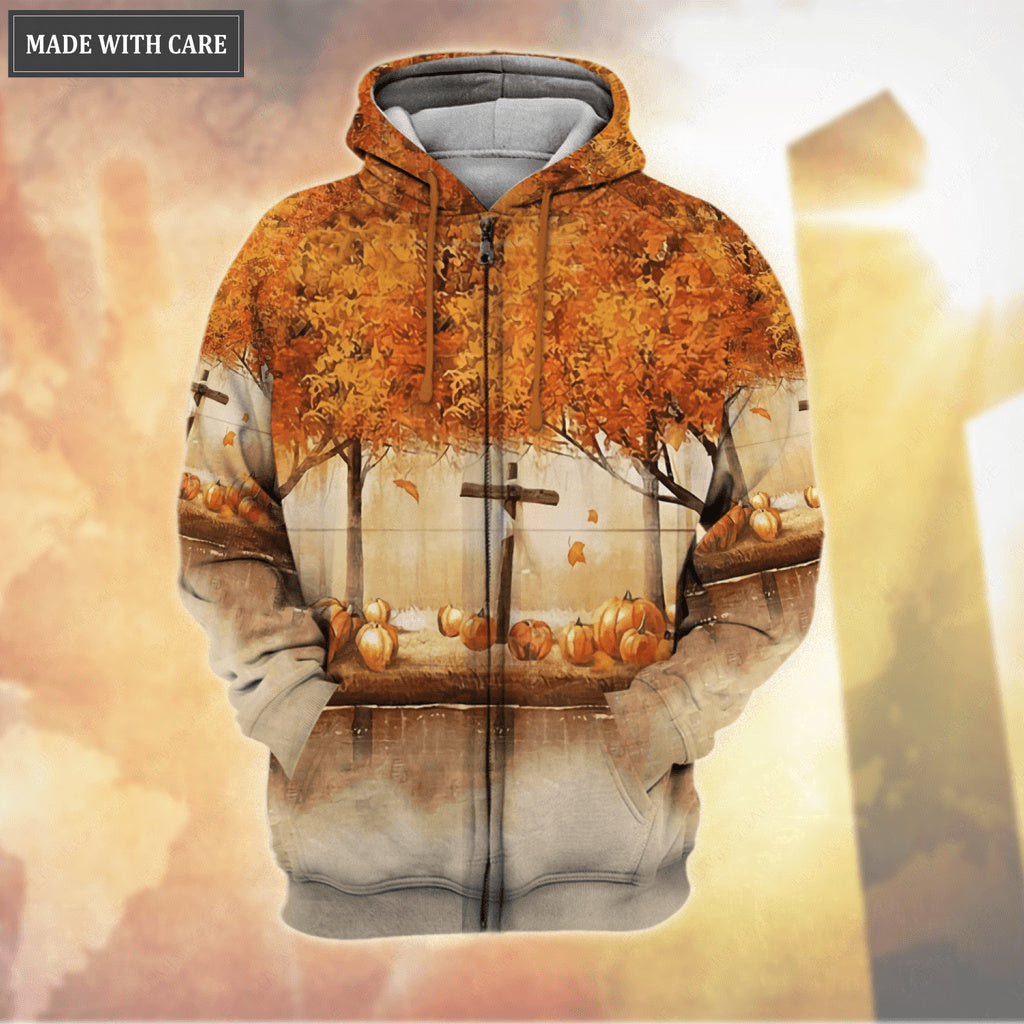 Autumn Maple Cross Fall For Jesus He Never Leaves Hoodie