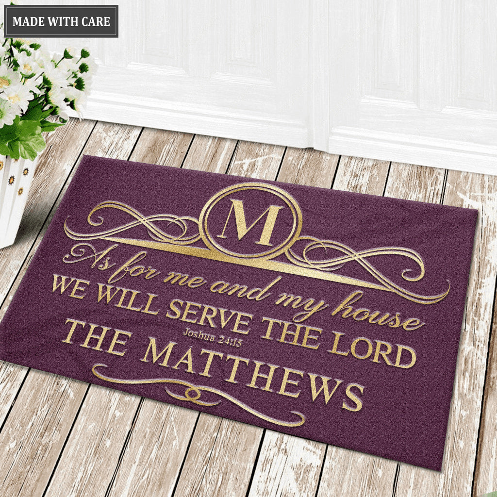 Faux Gold Ornate Monogram Serve The Lord Personalized Doormat