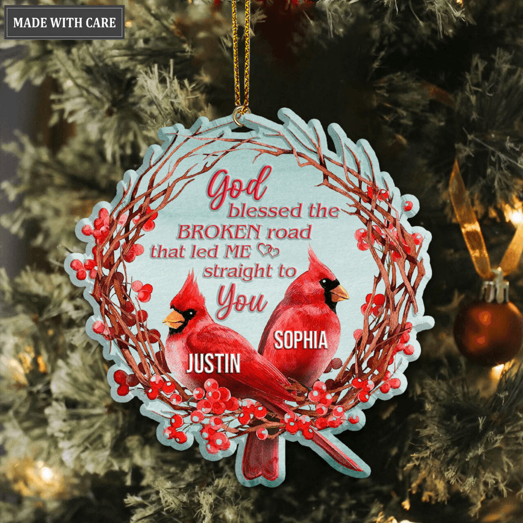 Christmas Floral Cardinal Couple God Blessed Personalized Ornament