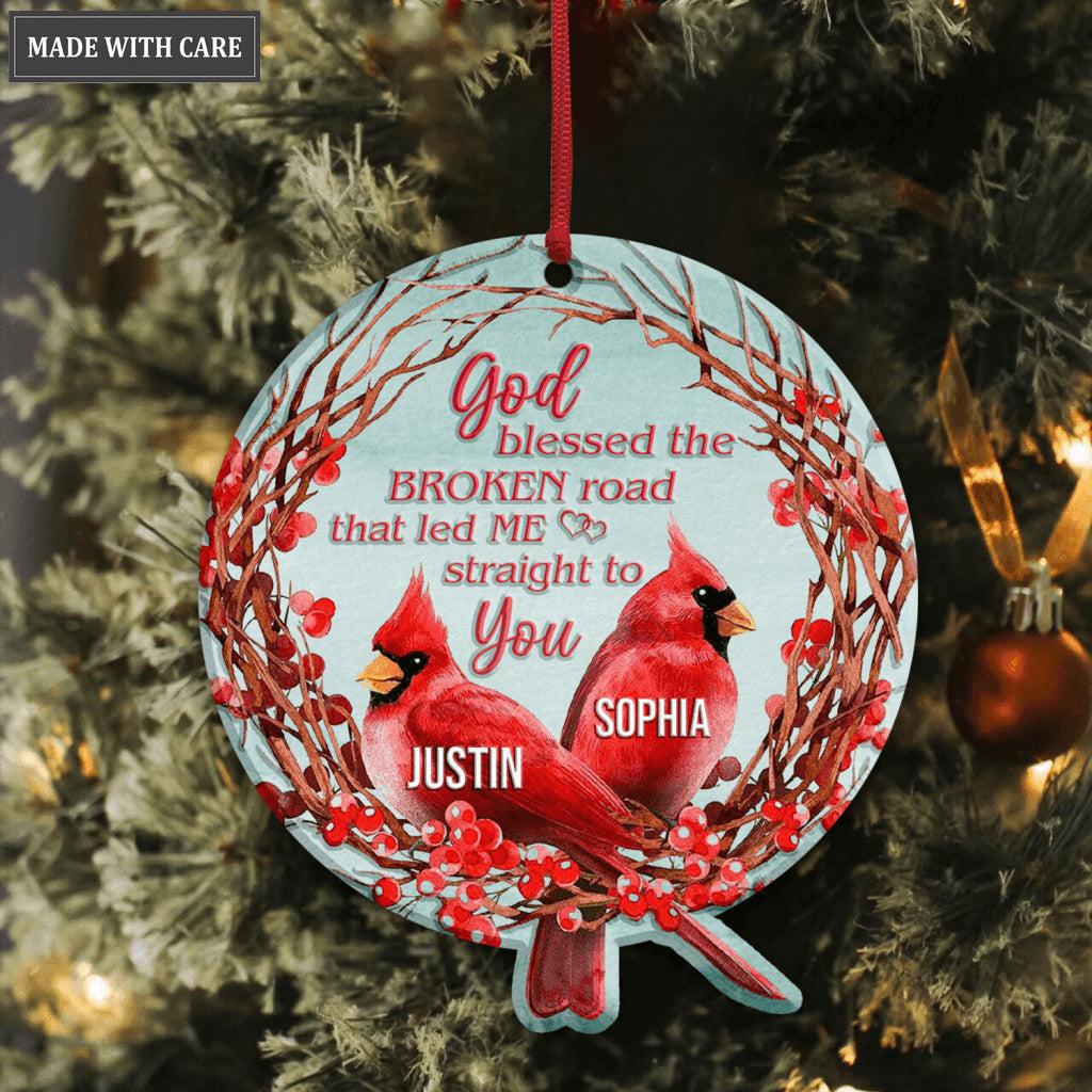 Christmas Floral Cardinal Couple God Blessed Personalized Ornament