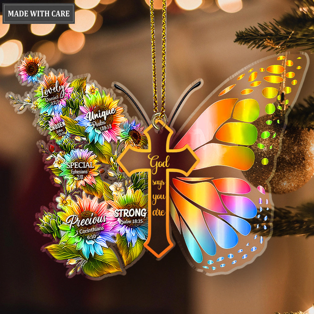 Rainbow Sunflower Butterfly God Says You Are Transparent Ornament
