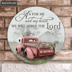 Personalized Red Truck And Barn Serve The Lord Wood Circle Sign