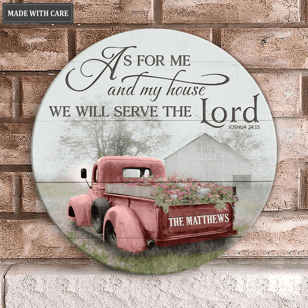Personalized Red Truck And Barn Serve The Lord Wood Circle Sign