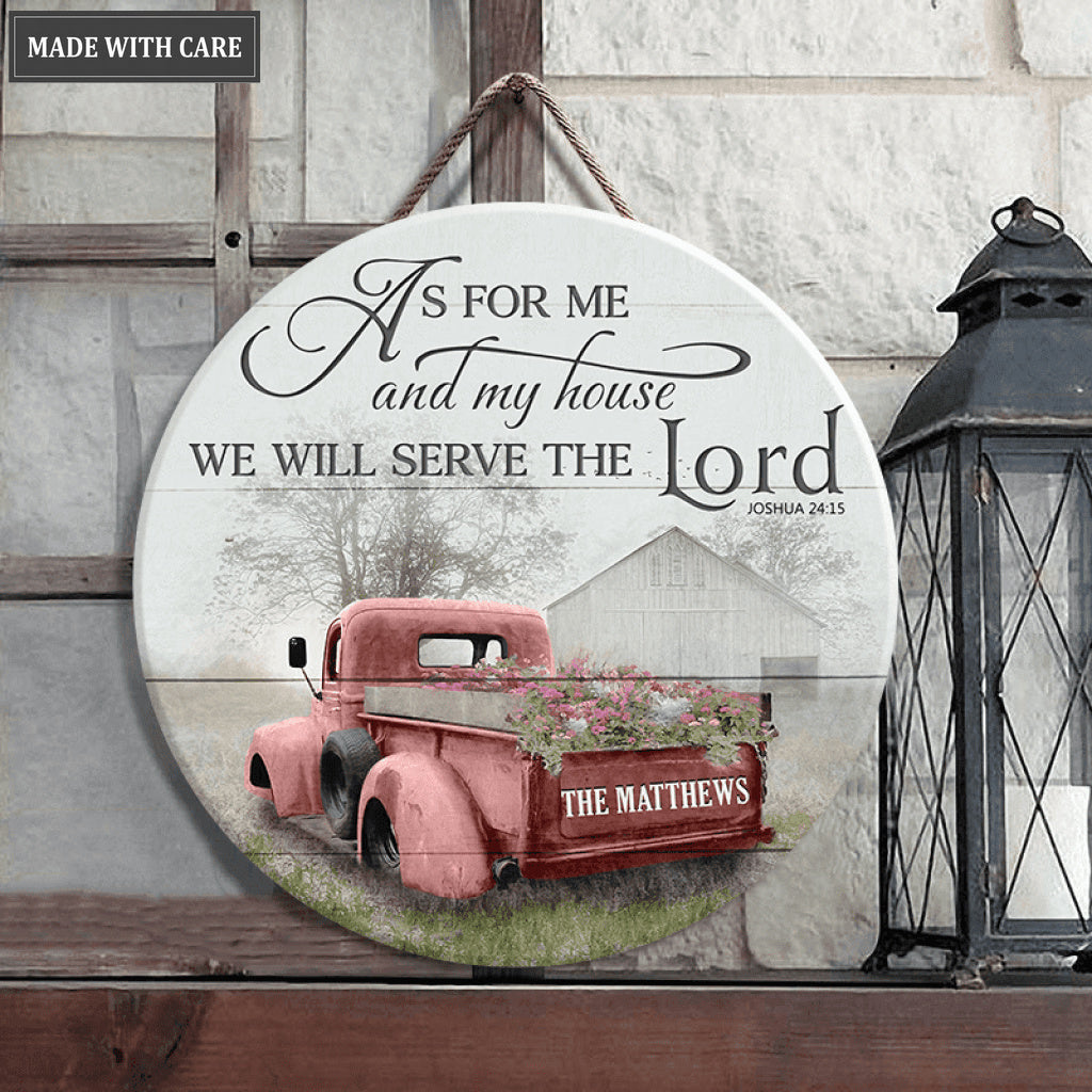 Personalized Red Truck And Barn Serve The Lord Wood Circle Sign