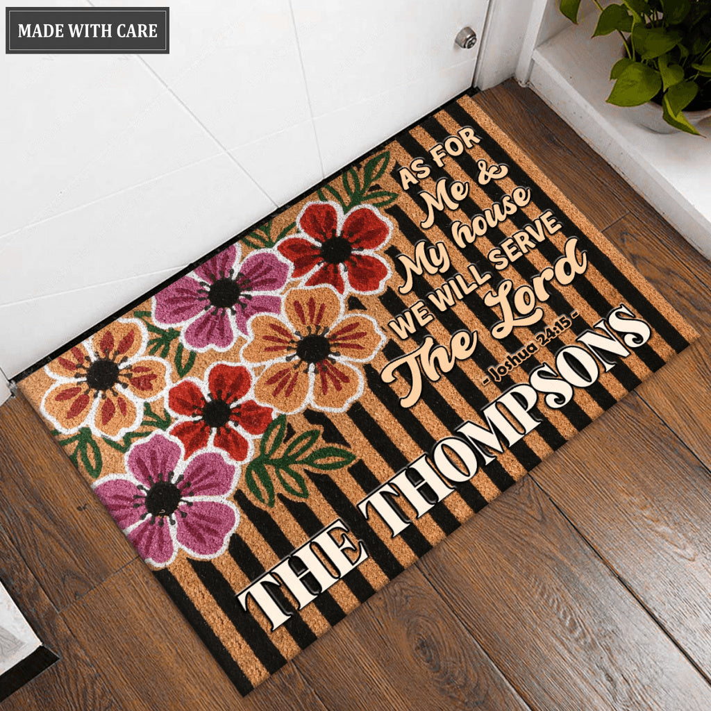 Floral Stripes Serve The Lord Personalized Doormat