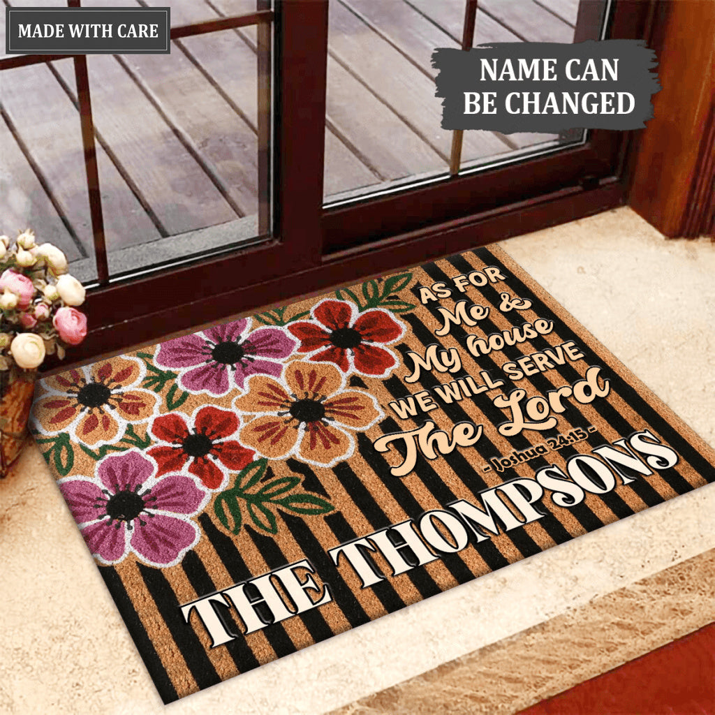 Floral Stripes Serve The Lord Personalized Doormat