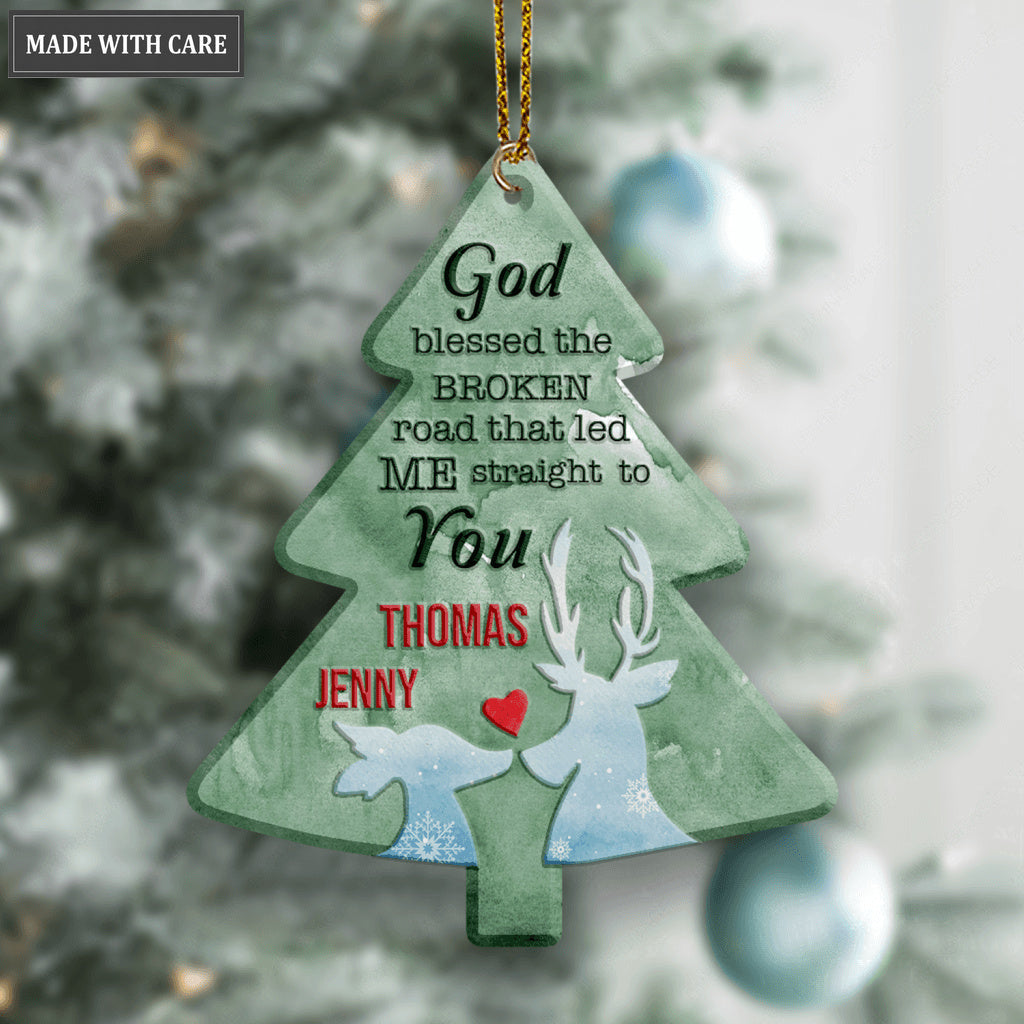 Christmas Green Pine Reindeer Couple God Blessed Personalized Ornament