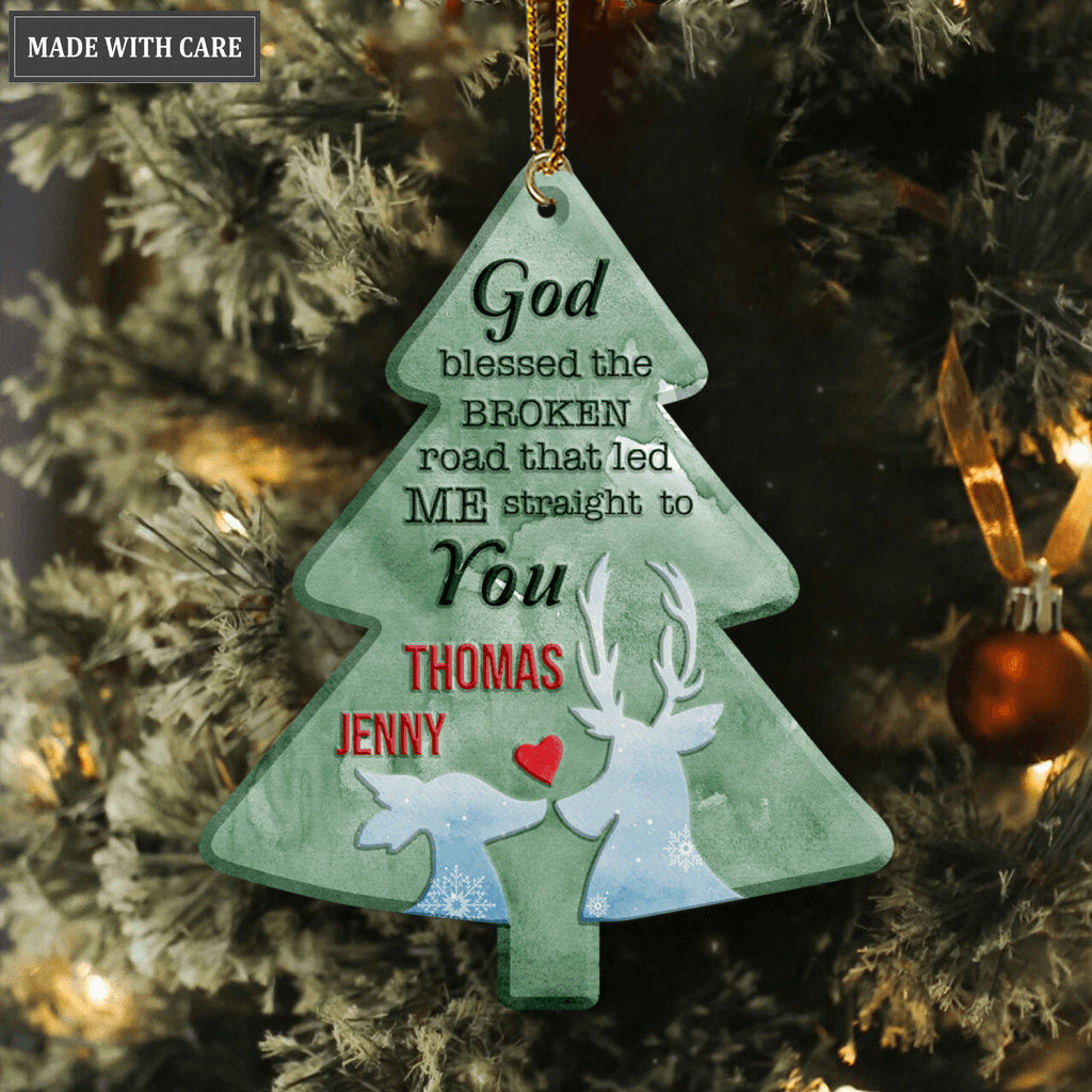 Christmas Green Pine Reindeer Couple God Blessed Personalized Ornament