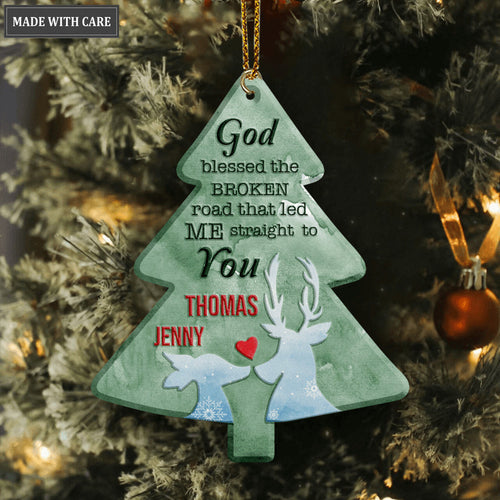 Christmas Green Pine Reindeer Couple God Blessed Personalized Ornament