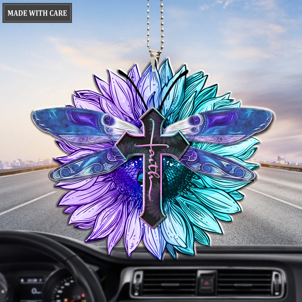 Hologram Dragonfly And Sunflower Faith Cross Ornament