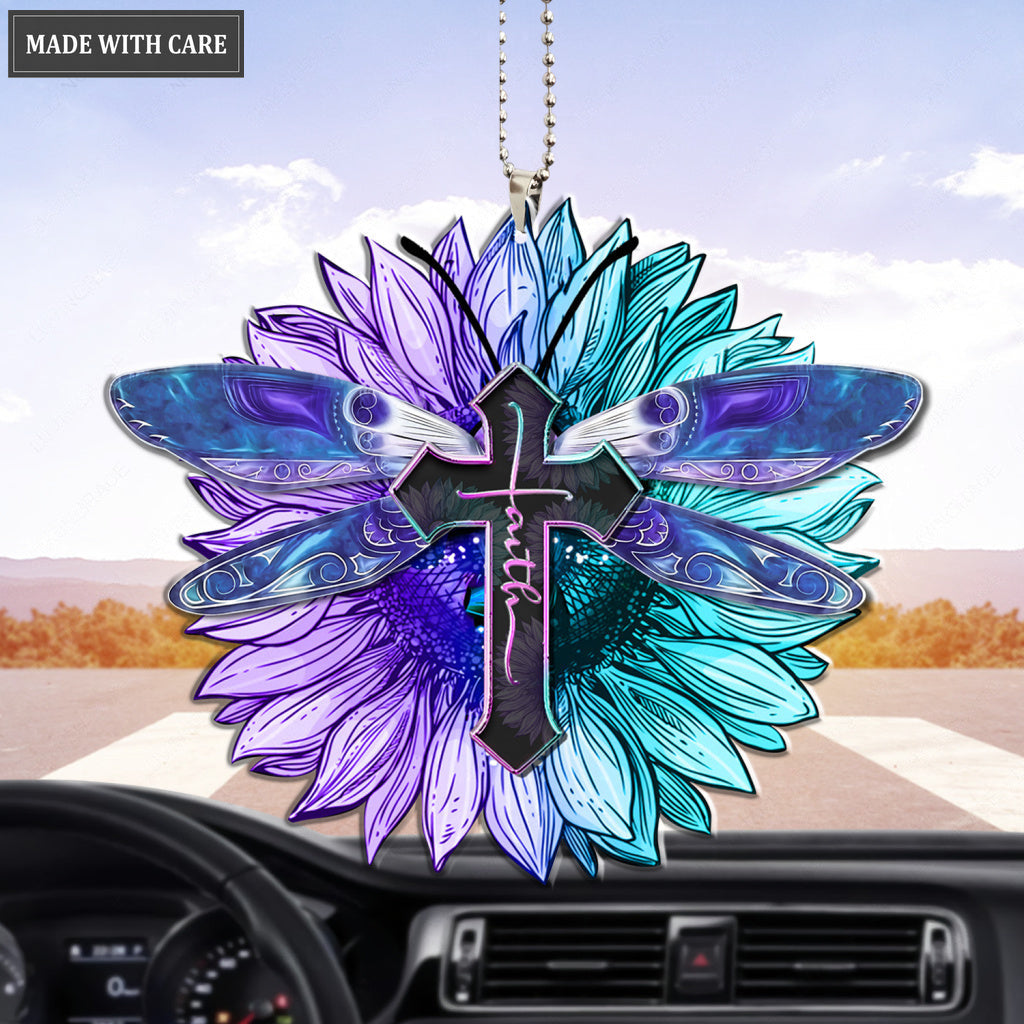 Hologram Dragonfly And Sunflower Faith Cross Ornament