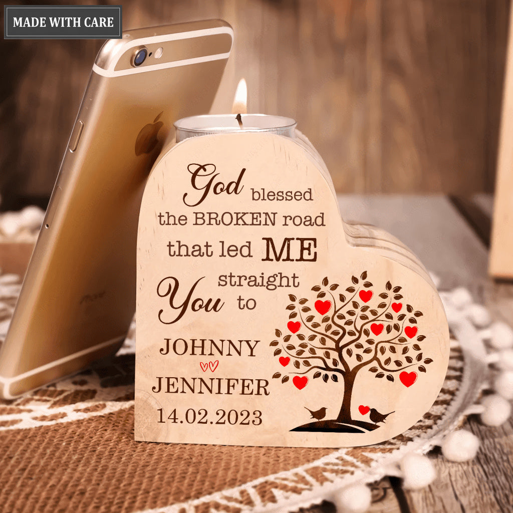 Bird Couple Heart Tree God Blessed Personalized Candle Holder