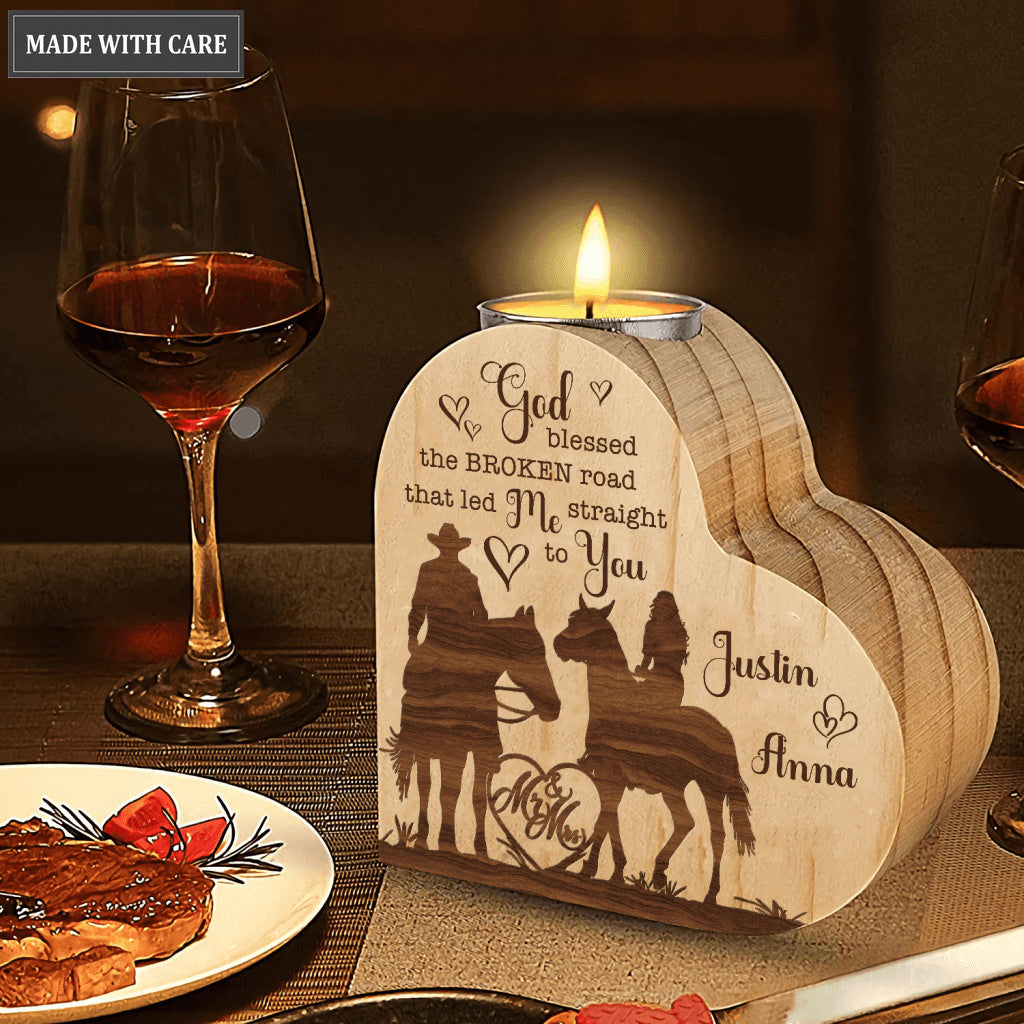Cowboy And Cowgirl Couple Heart God Blessed Personalized Candle Holder