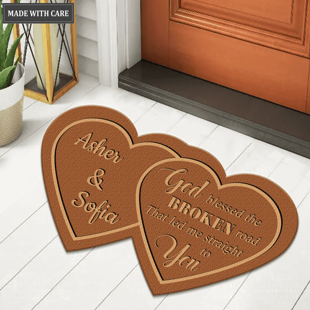 Couple Hearts God Blessed Personalized Shaped Luxurious Doormat