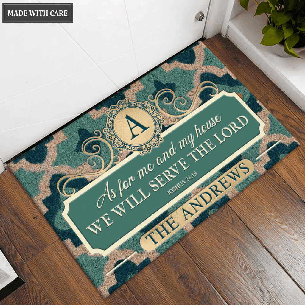 Aqua Quatrefoil Monogram Serve The Lord Personalized Doormat