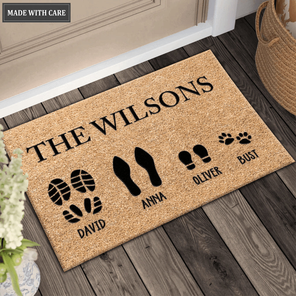 Custom Footprint Family & Pet Name Brown Doormat