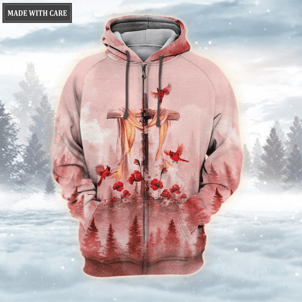 Christmas Forest Cardinal Flower Cross I Will Always Be With You Hoodie