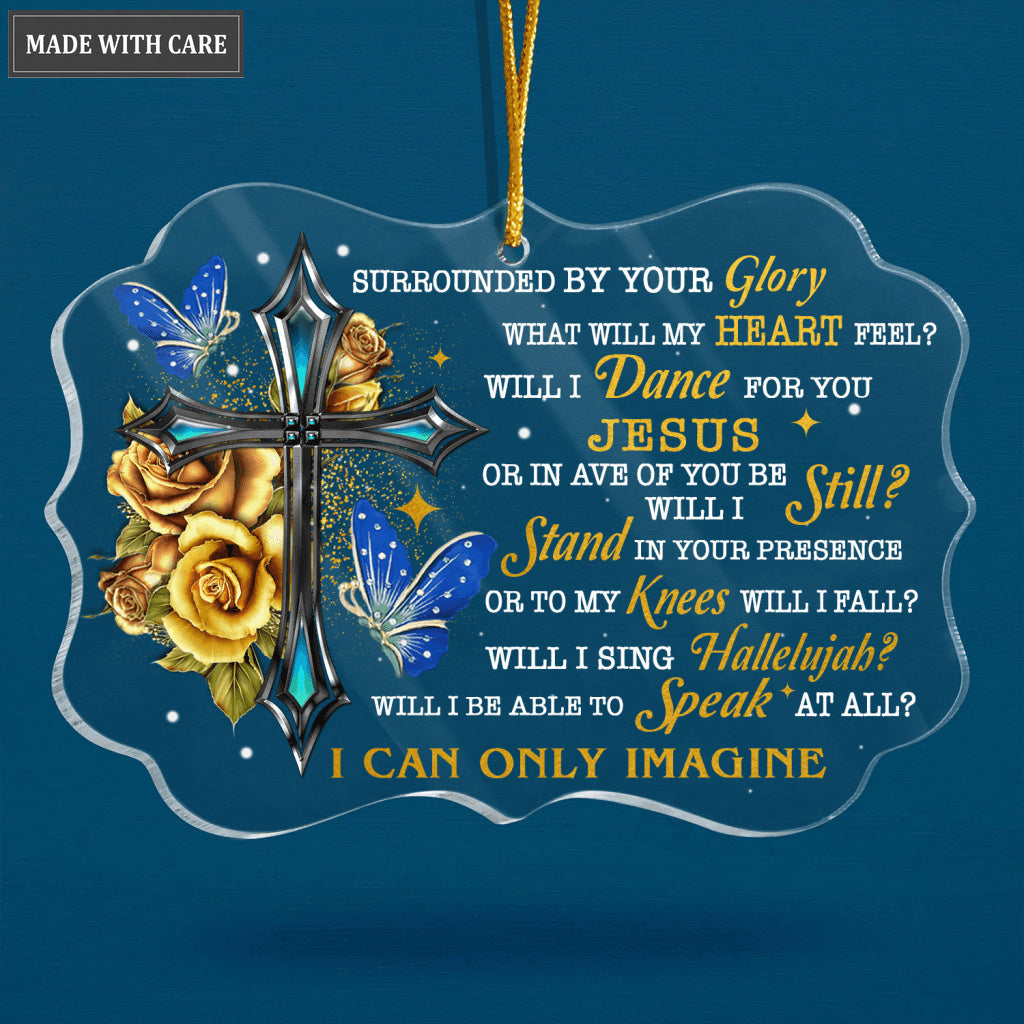 Golden Roses Cross Butterfly Surrounded By Your Glory Transparent Ornament