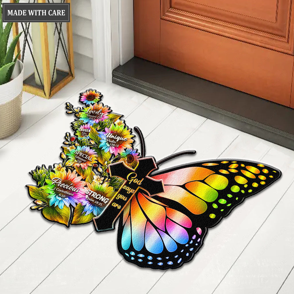 Rainbow Butterfly Cross God Says You Are Shaped Luxurious Doormat