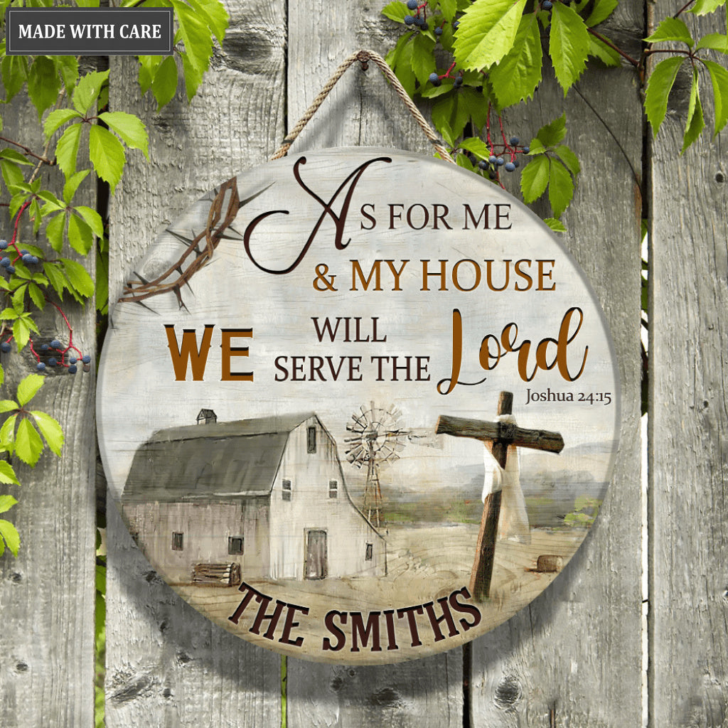 Personalized Farm With Cross As For Me And My House Wood Circle Sign