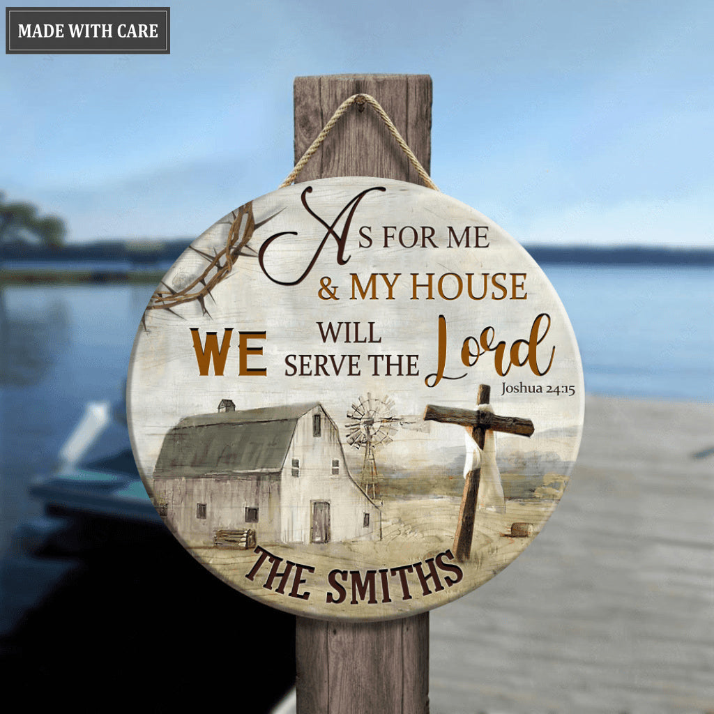 Personalized Farm With Cross As For Me And My House Wood Circle Sign
