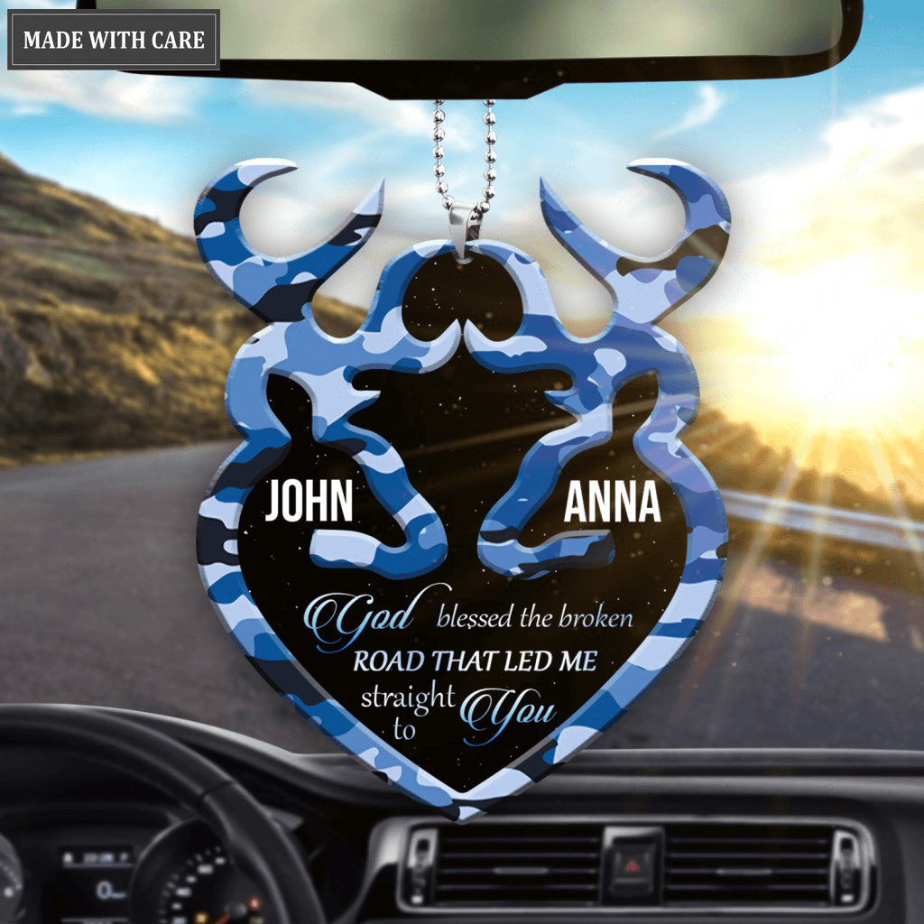 Blue Camo Personalized Buck And Doe Cross God Blessed Ornament