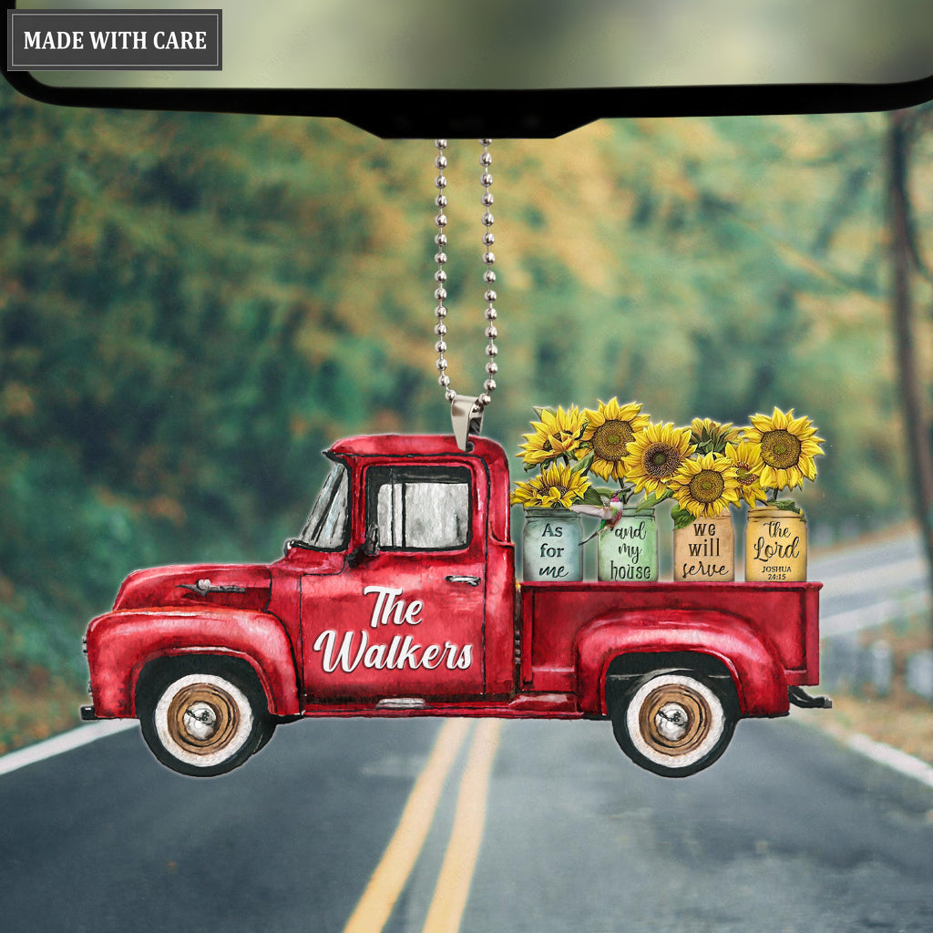 Personalized Red Truck Sunflower Jars Serve The Lord Ornament