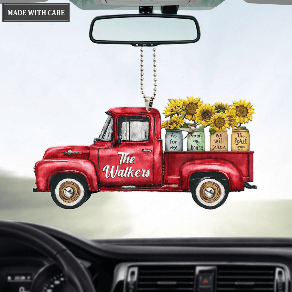 Personalized Red Truck Sunflower Jars Serve The Lord Ornament