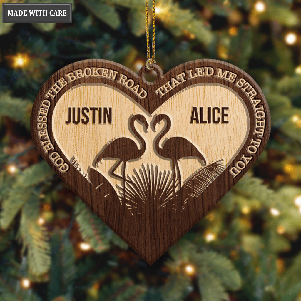 Romantic Flamingo Couple God Blessed Personalized Wood Engraved Ornaments