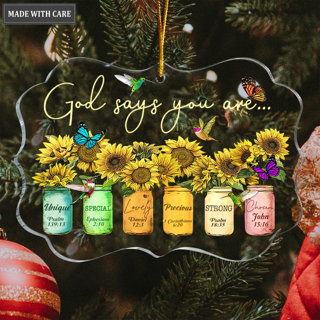 Sunflowers Mason Jar Butterfly And Hummingbirds God Says You Are Transparent Ornament
