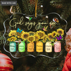 Sunflowers Mason Jar Butterfly And Hummingbirds God Says You Are Transparent Ornament