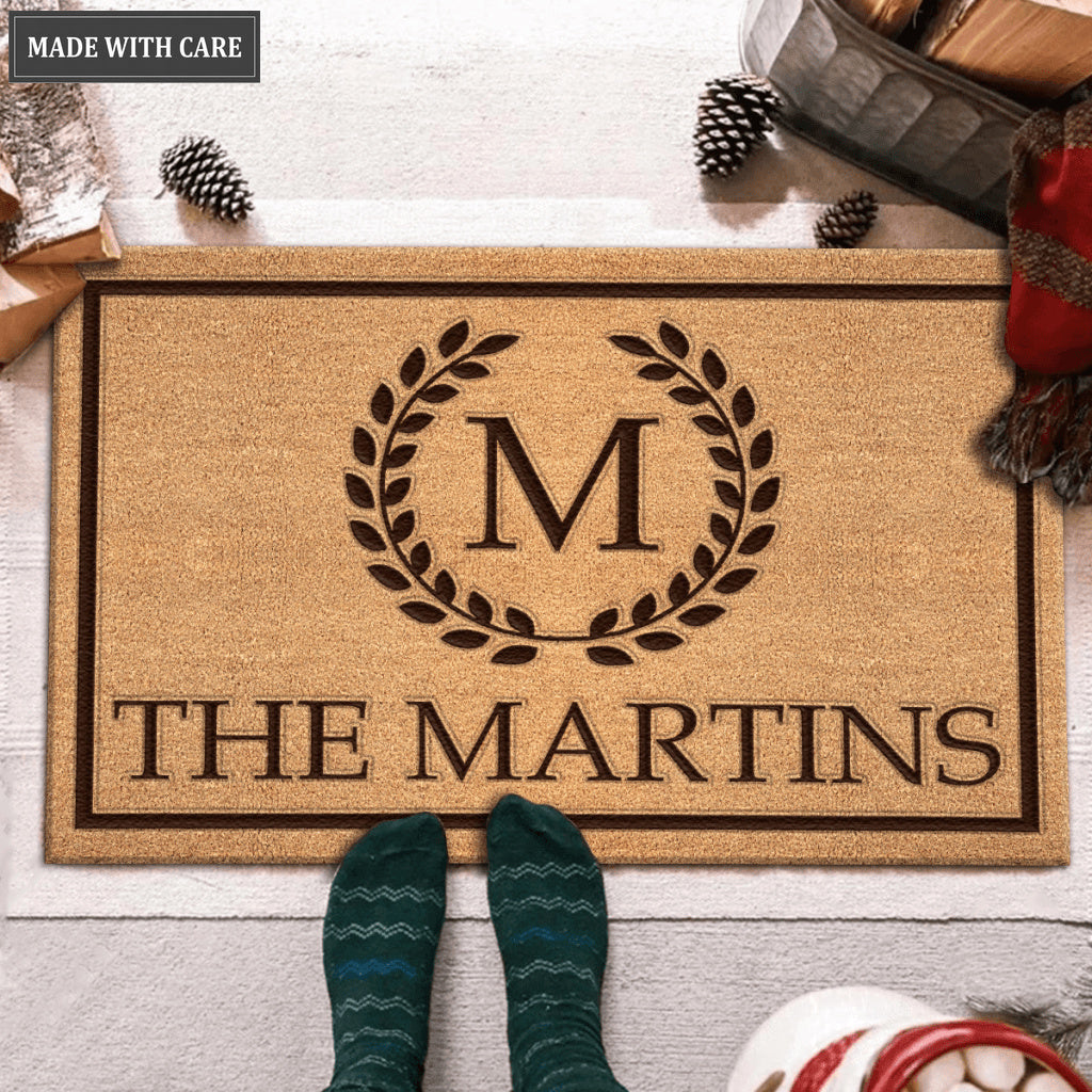 Vintage Monogram Wreath Family Name Personalized Doormat