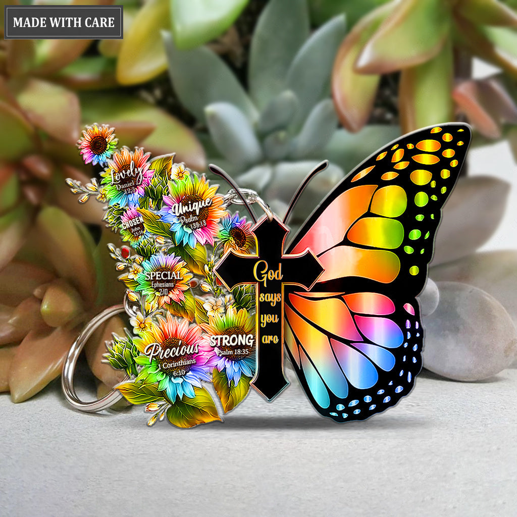 Cross With Rainbow Butterfly God Says You Are Keychain