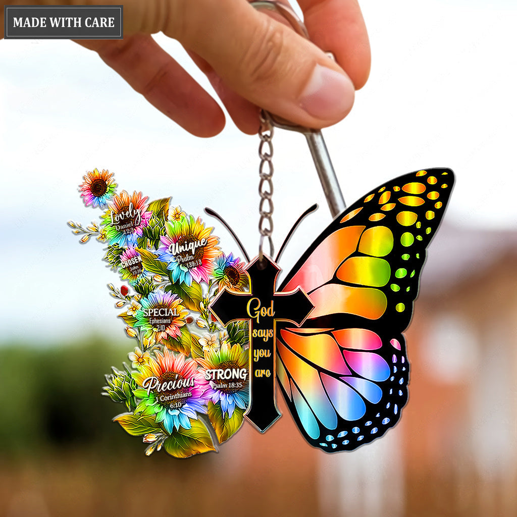 Cross With Rainbow Butterfly God Says You Are Keychain