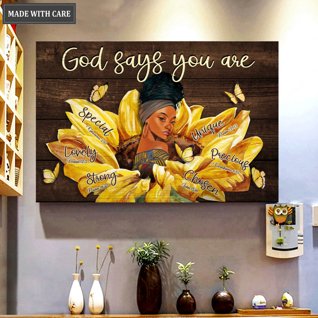 Black Women Sunflower God Says You Are Wall Art