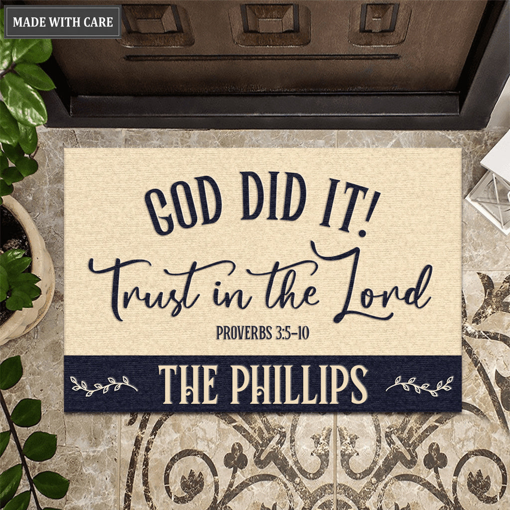 Personalized God Did It Trust In The Lord Navy And Tan Doormat