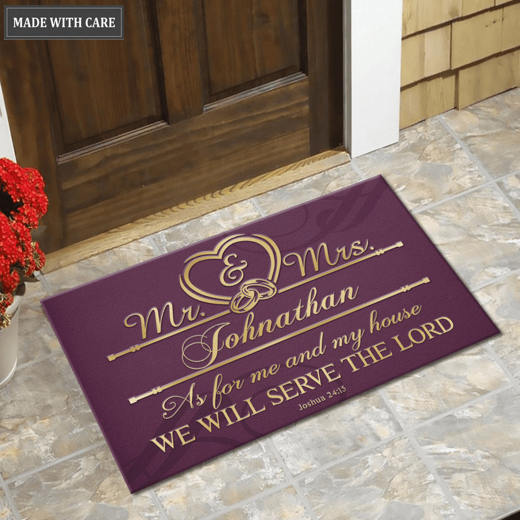 Personalized Mr And Mrs Serve The Lord Faux Gold Ornate Doormat