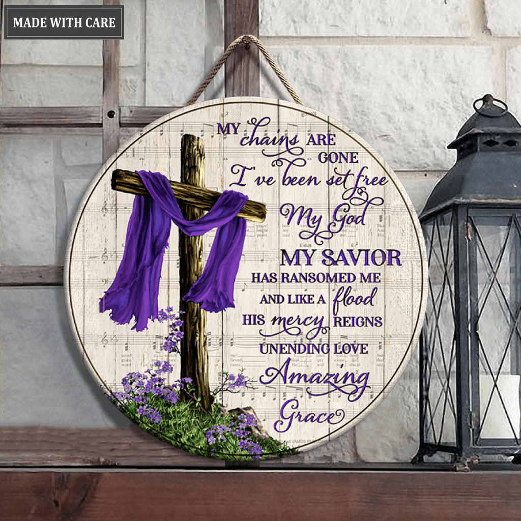 Purple Scarf Cross Chains Are Gone Wood Circle Sign