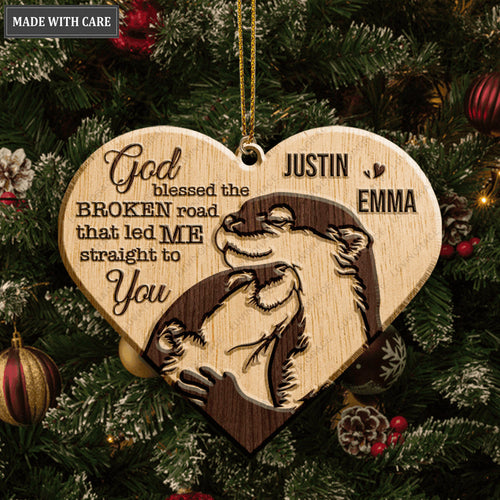 Adorable Cuddling Otter Couple God Blessed Personalized Wood Engraved Ornaments