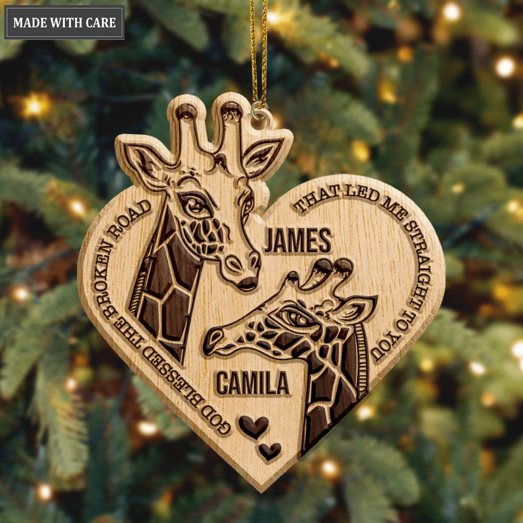 Giraffe Couple God Blessed Personalized Wood Engraved Ornaments