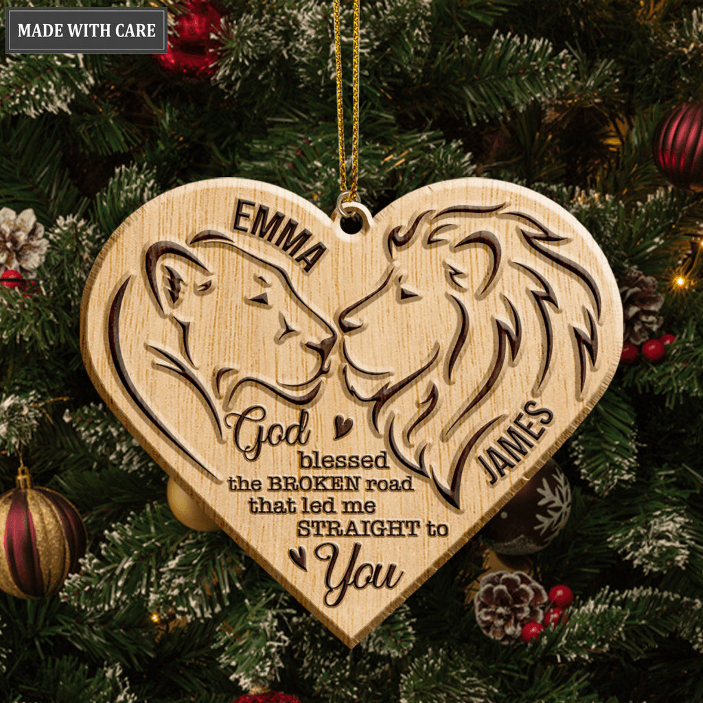 Heart Lion Couple God Blessed Personalized Wood Engraved Ornaments