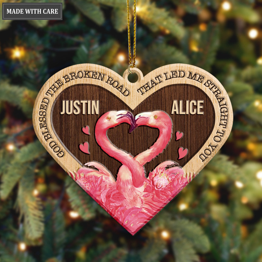 Pink Heart Flamingo Couple God Blessed Personalized Wood Engraved Ornaments