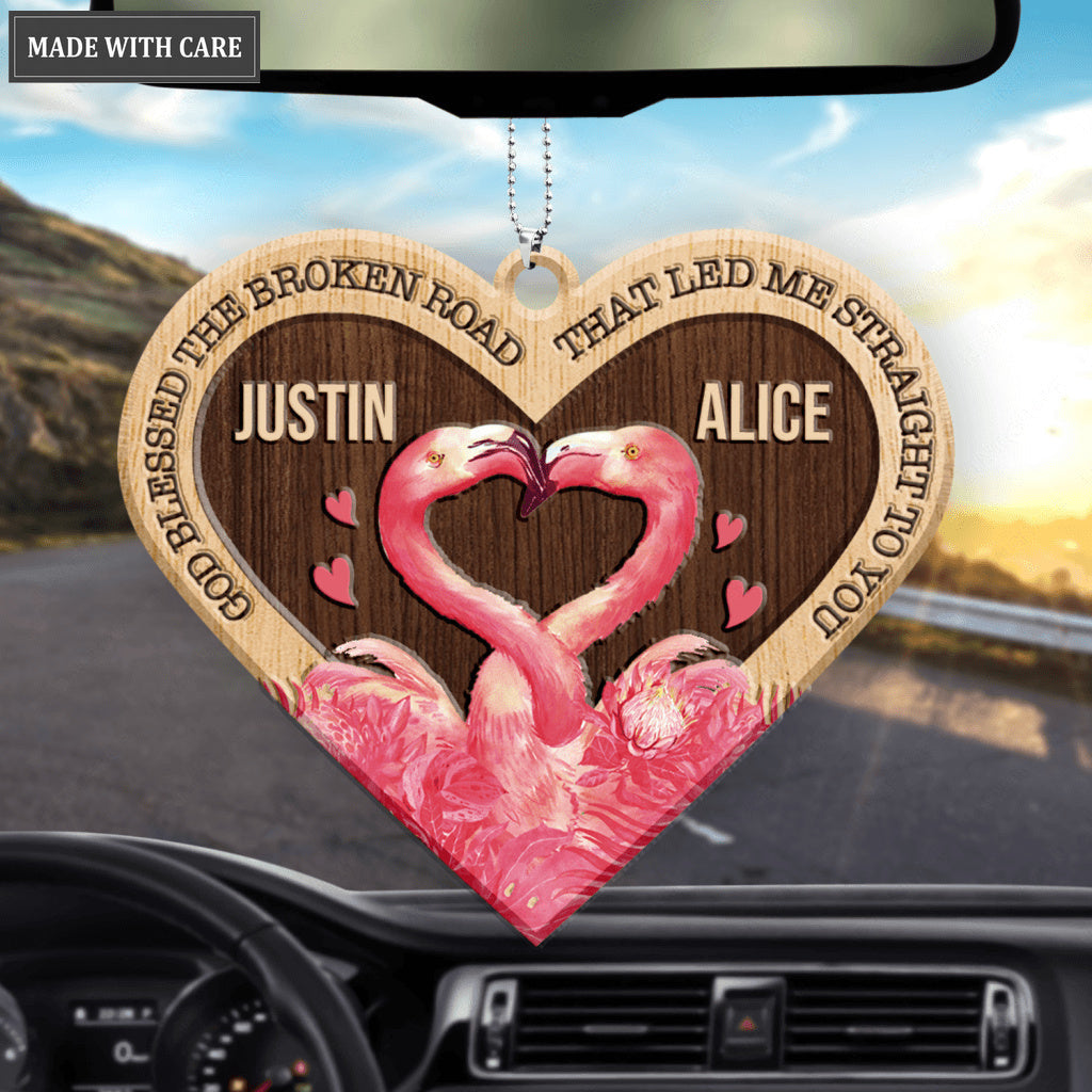 Pink Heart Flamingo Couple God Blessed Personalized Wood Engraved Ornaments
