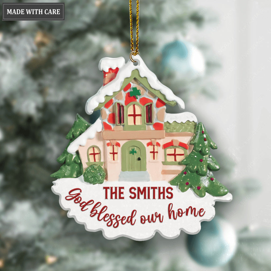 Christmas Vintage House God Bless Our Home Personalized Ornament