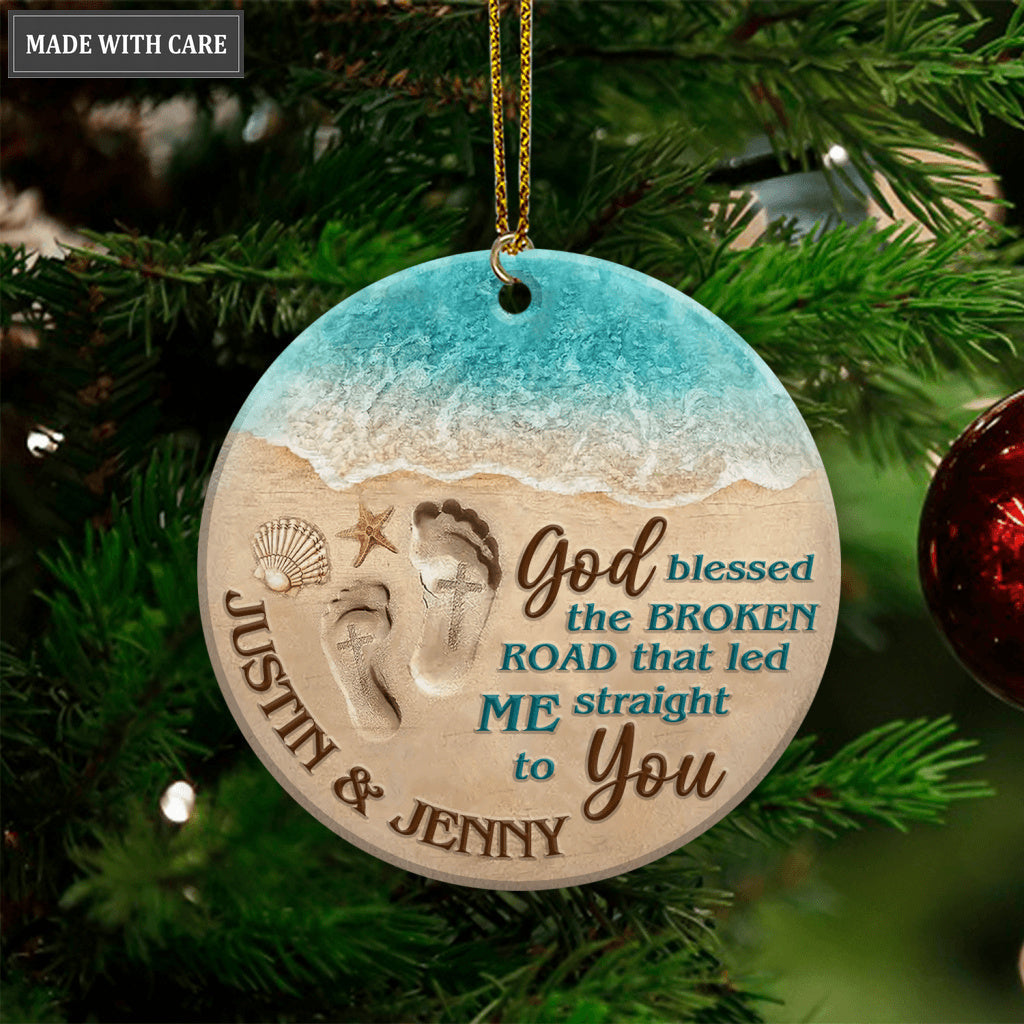 Couple Footprint On Beach God Blessed Personalized Ornament