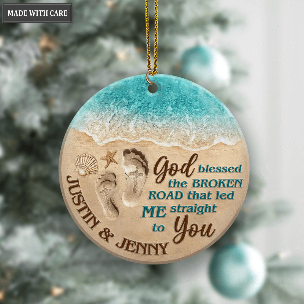 Couple Footprint On Beach God Blessed Personalized Ornament