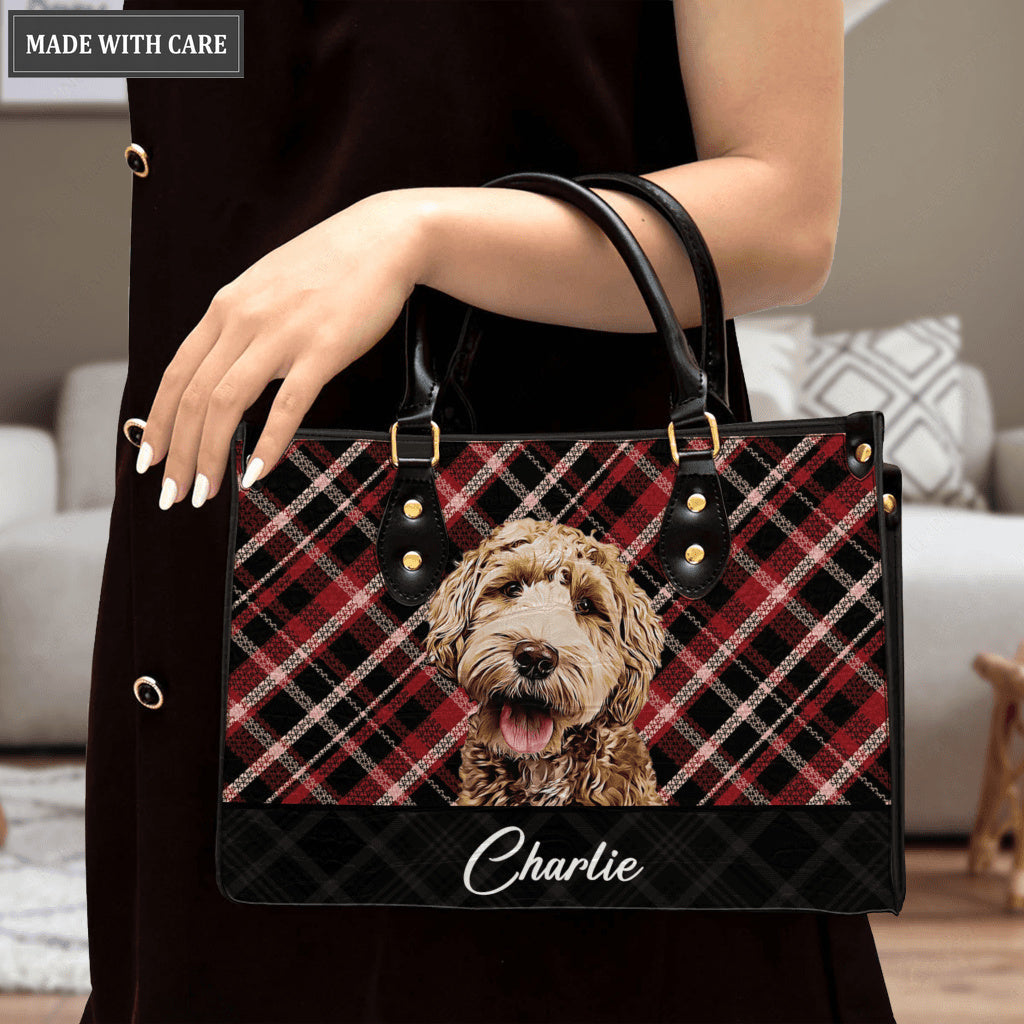 Artistic Plaid Pet Bag Handbag Black Red - Personalized Custom Leather Bag